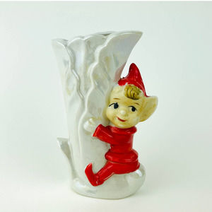 Vintage Red Baby Pixie Elf Sprite Planter Iridescent Pearl White